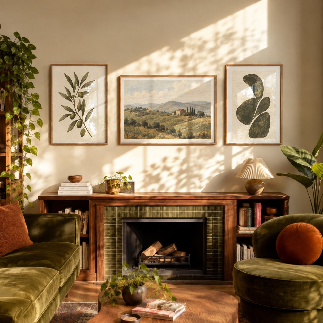 Three coordinated botanical and landscape prints above a fireplace in a warm green living room