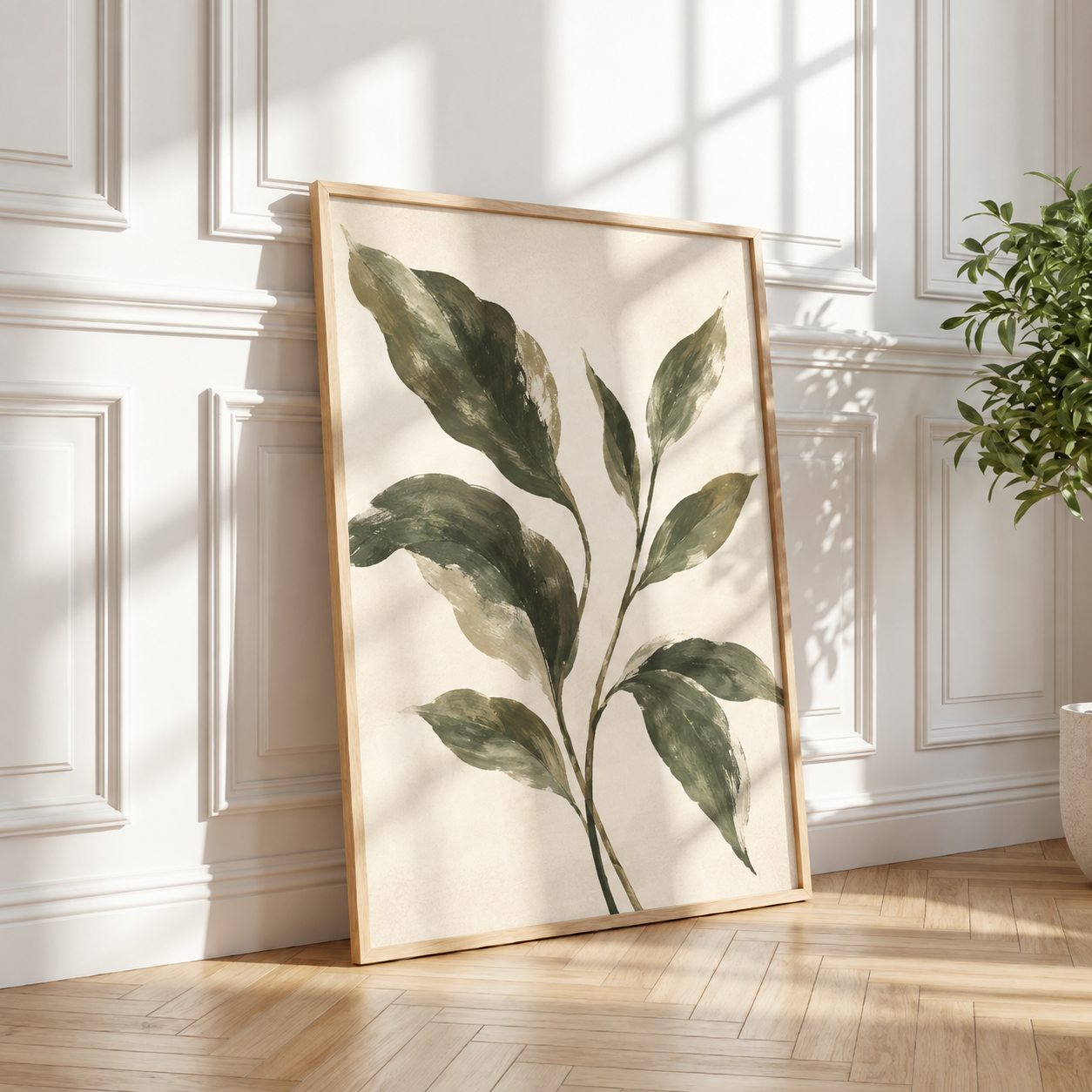 Finished olive botanical print in a sunlit oak frame against an ivory paneled wall