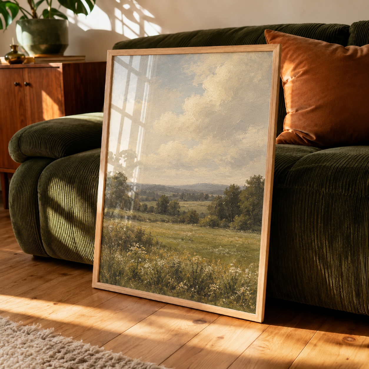 Finished vintage landscape artwork in an oak frame beside an olive green sofa
